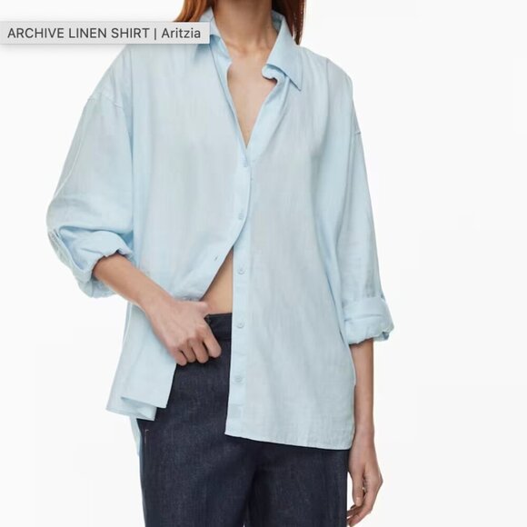 Babaton Tops - Aritzia Babaton Archive Linen Blue Shirt Oversized Linen Blend Button-Up X-Large